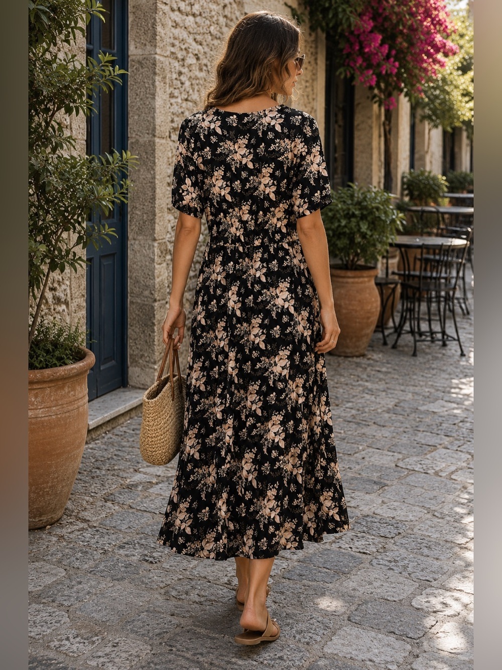 BROVAVE Black Floral Boho Midi Dress SZ L Cottagecore Romantic - Picture 2 of 10